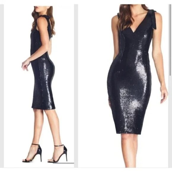 Dress the Population Dresses & Skirts - Dress The Population 'Lita' Black Sequined Bow Shoulder Bodycon Dress Size XXL